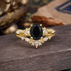 Elegant Oval Cut Black Onyx Engagement Ring Set – 2PC