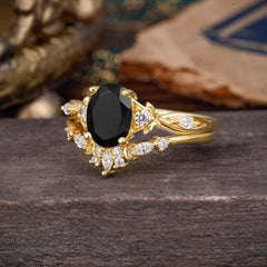 Elegant Oval Cut Black Onyx Engagement Ring Set – 2PC