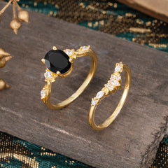 Elegant Oval Cut Black Onyx Engagement Ring Set – 2PC