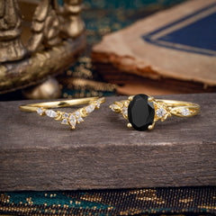 Elegant Oval Cut Black Onyx Engagement Ring Set – 2PC