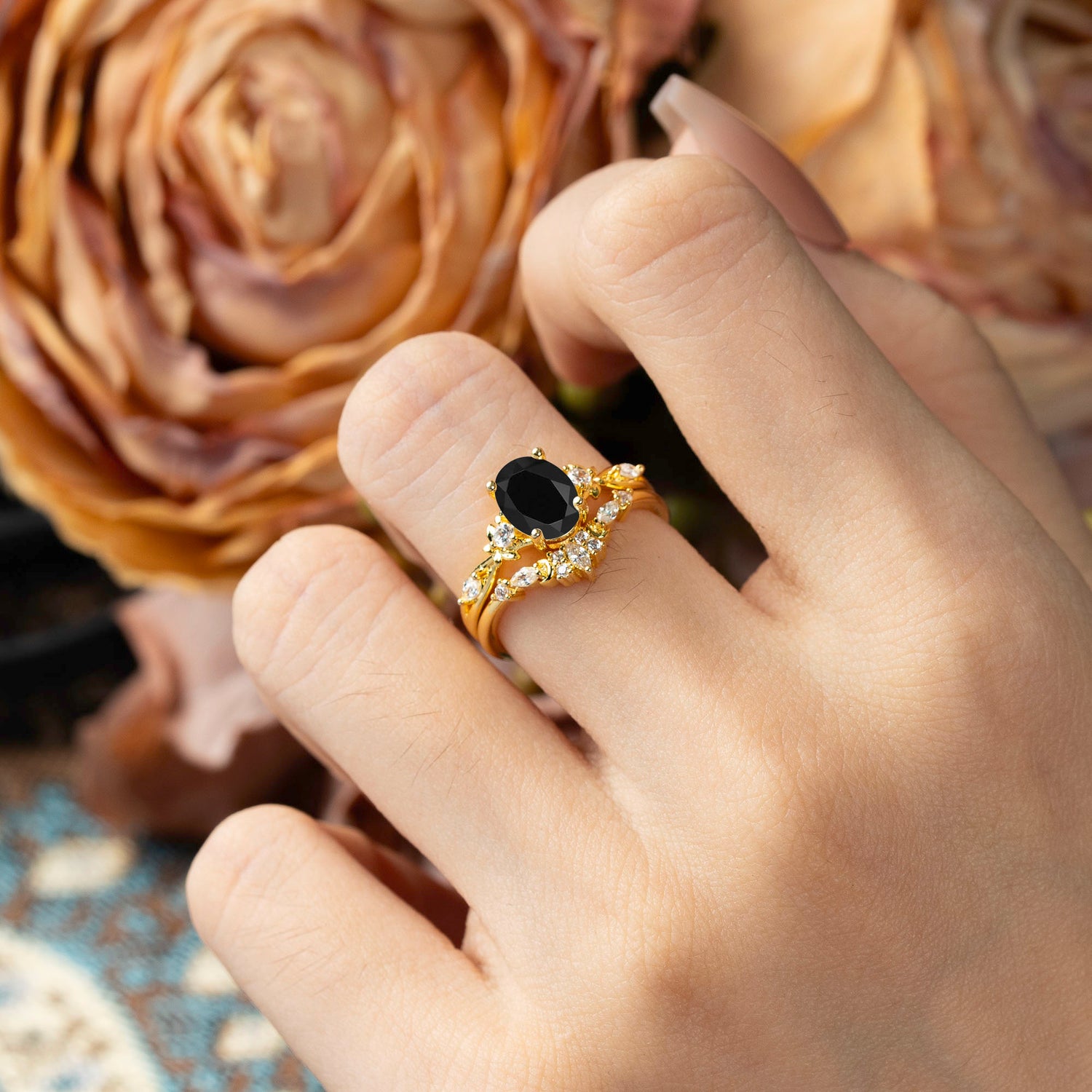 Elegant Oval Cut Black Onyx Bridal Ring Set – 2PC