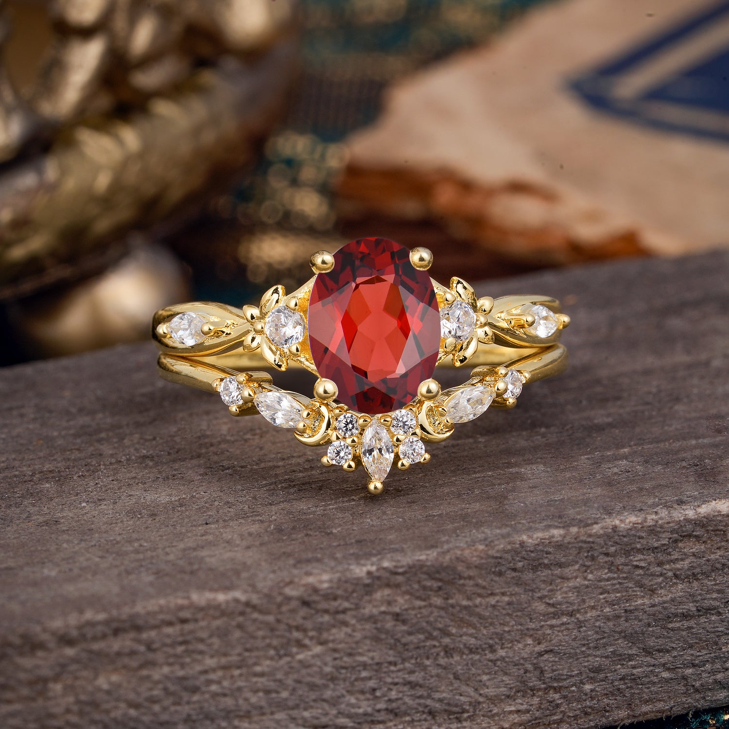 Elegant Oval Cut Garnet Bridal Ring Set – 2PC