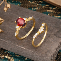 Elegant Oval Cut Garnet Engagement Ring Set – 2PC