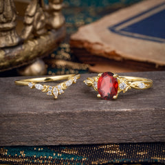 Elegant Oval Cut Garnet Engagement Ring Set – 2PC