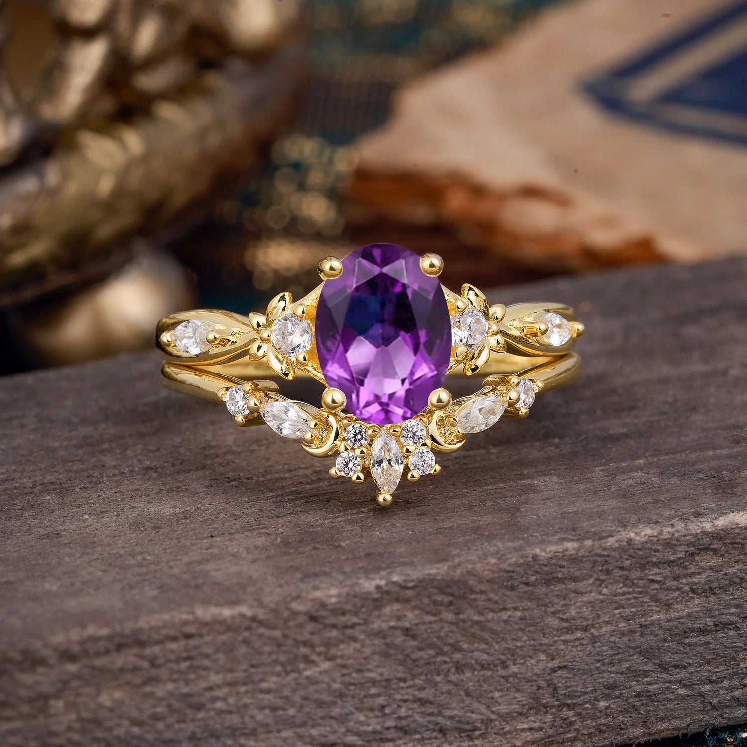 Elegant Oval Cut Amethyst Bridal Ring Set – 2PC