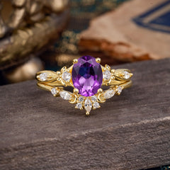 Elegant Oval Cut Amethyst Engagement Ring Set – 2PC