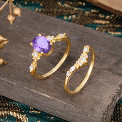 Elegant Oval Cut Amethyst Engagement Ring Set – 2PC