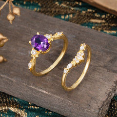 Elegant Oval Cut Amethyst Engagement Ring Set – 2PC