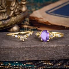 Elegant Oval Cut Amethyst Engagement Ring Set – 2PC