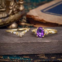 Elegant Oval Cut Amethyst Engagement Ring Set – 2PC