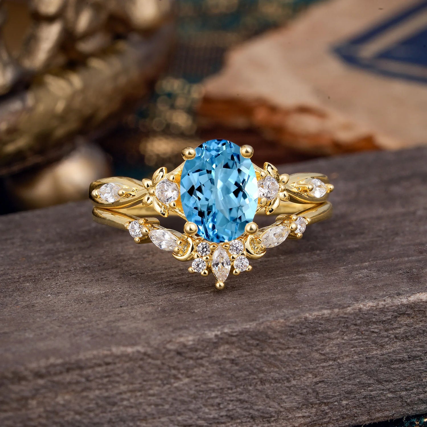 Elegant Oval Cut Aquamarine Bridal Ring Set – 2PC