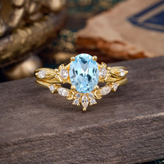 Elegant Oval Cut Aquamarine Engagement Ring Set – 2PC