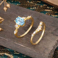 Elegant Oval Cut Aquamarine Engagement Ring Set – 2PC