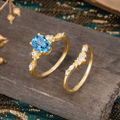 Elegant Oval Cut Aquamarine Engagement Ring Set – 2PC