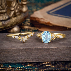 Elegant Oval Cut Aquamarine Engagement Ring Set – 2PC