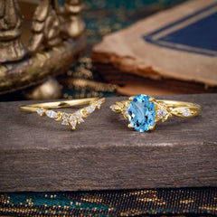 Elegant Oval Cut Aquamarine Engagement Ring Set – 2PC