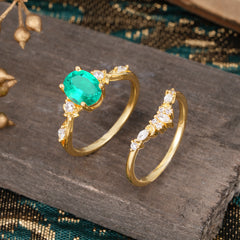 Elegant Oval Cut Emerald Engagement Ring Set – 2PC