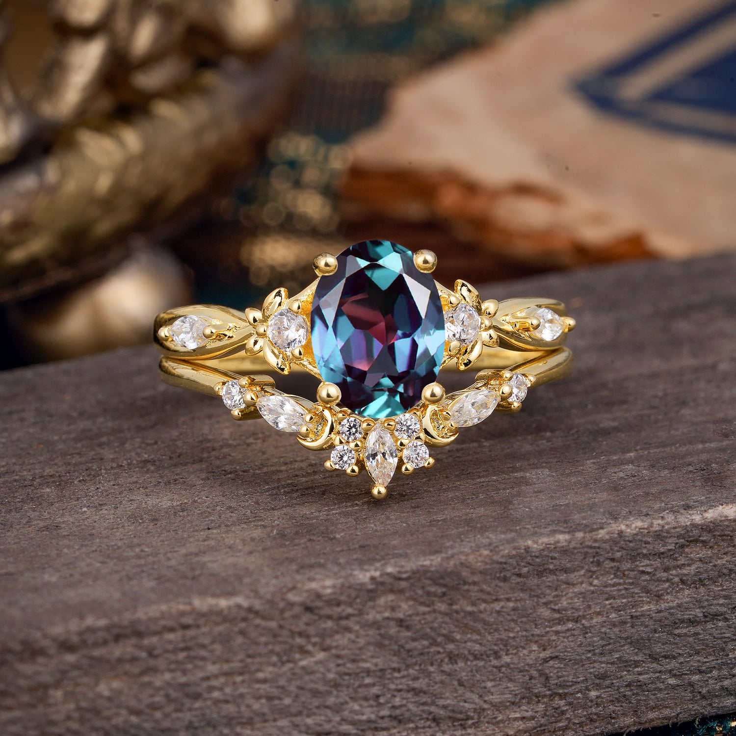 Elegant Oval Cut Alexandrite Bridal Ring Set – 2PC