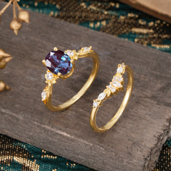 Elegant Oval Cut Alexandrite Engagement Ring Set – 2PC