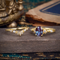 Elegant Oval Cut Alexandrite Engagement Ring Set – 2PC