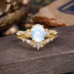 Elegant Oval Cut Moonstone Engagement Ring Set – 2PC