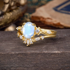 Elegant Oval Cut Moonstone Engagement Ring Set – 2PC