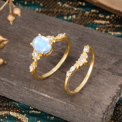 Elegant Oval Cut Moonstone Engagement Ring Set – 2PC