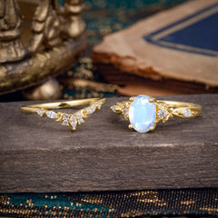 Elegant Oval Cut Moonstone Engagement Ring Set – 2PC