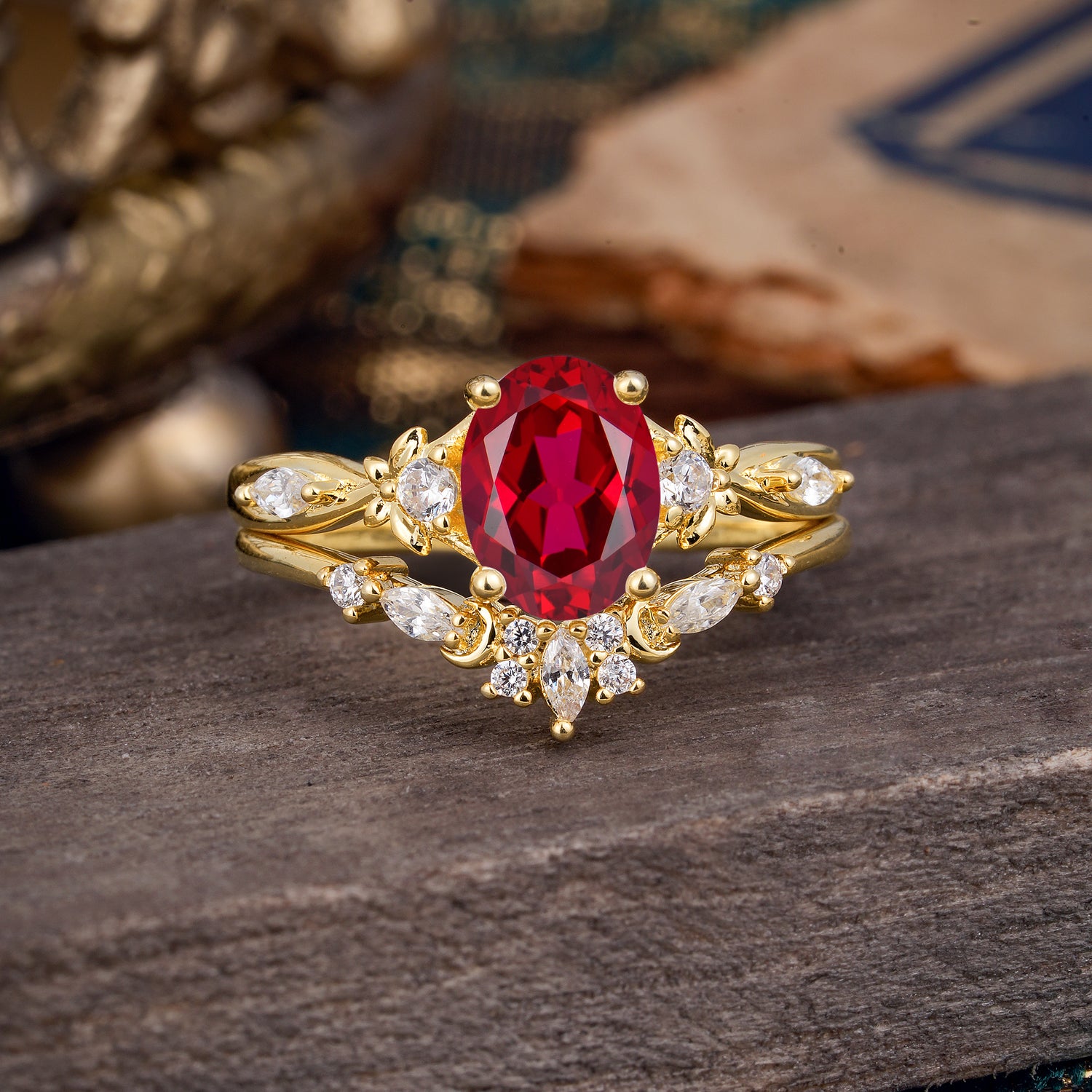 Elegant Oval Cut Ruby Bridal Ring Set – 2PC