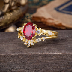 Elegant Oval Cut Ruby Engagement Ring Set – 2PC