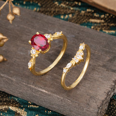 Elegant Oval Cut Ruby Engagement Ring Set – 2PC