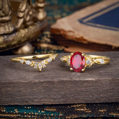 Elegant Oval Cut Ruby Engagement Ring Set – 2PC