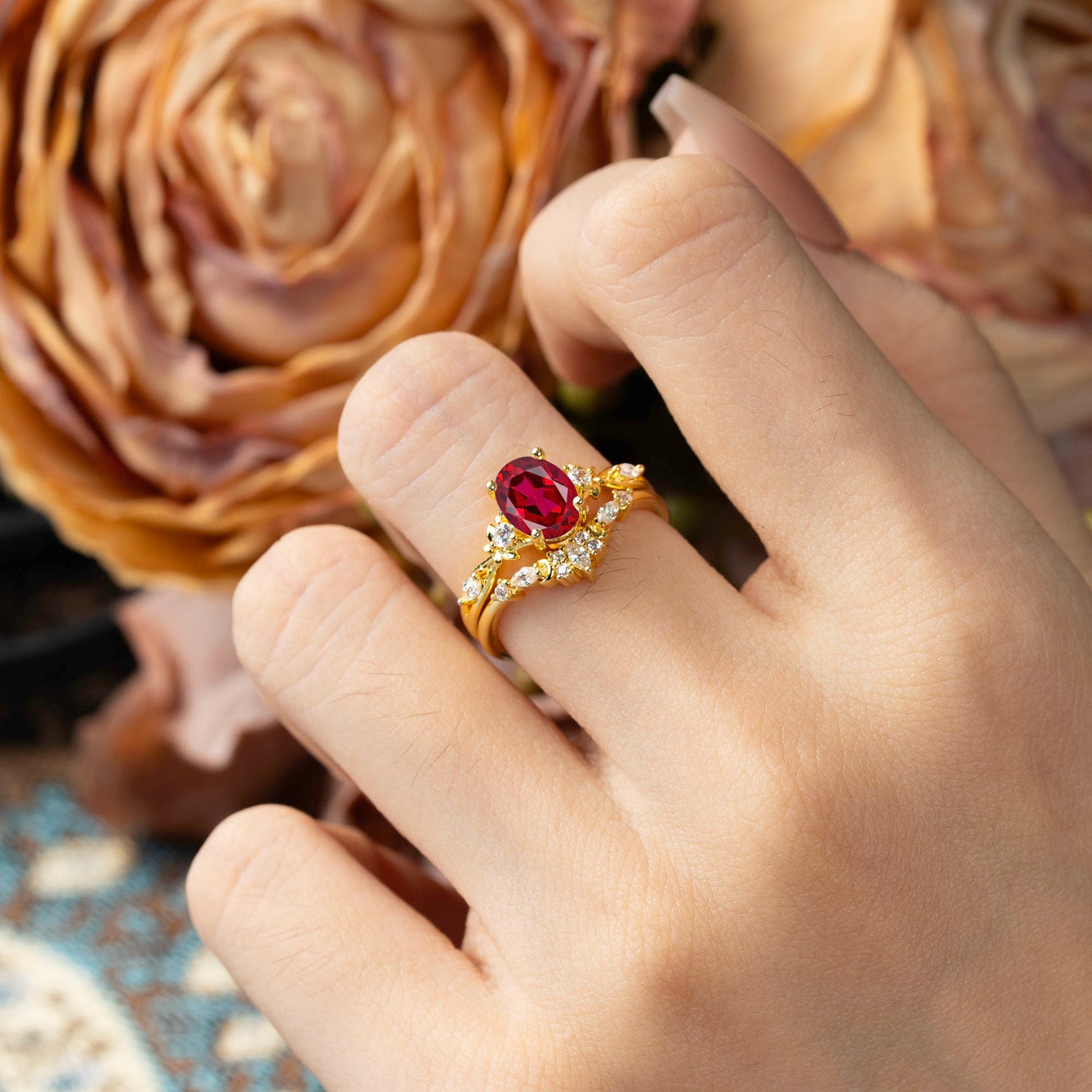 Elegant Oval Cut Ruby Bridal Ring Set – 2PC