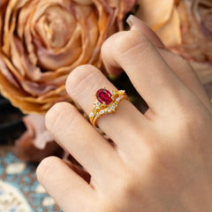 Elegant Oval Cut Ruby Engagement Ring Set – 2PC