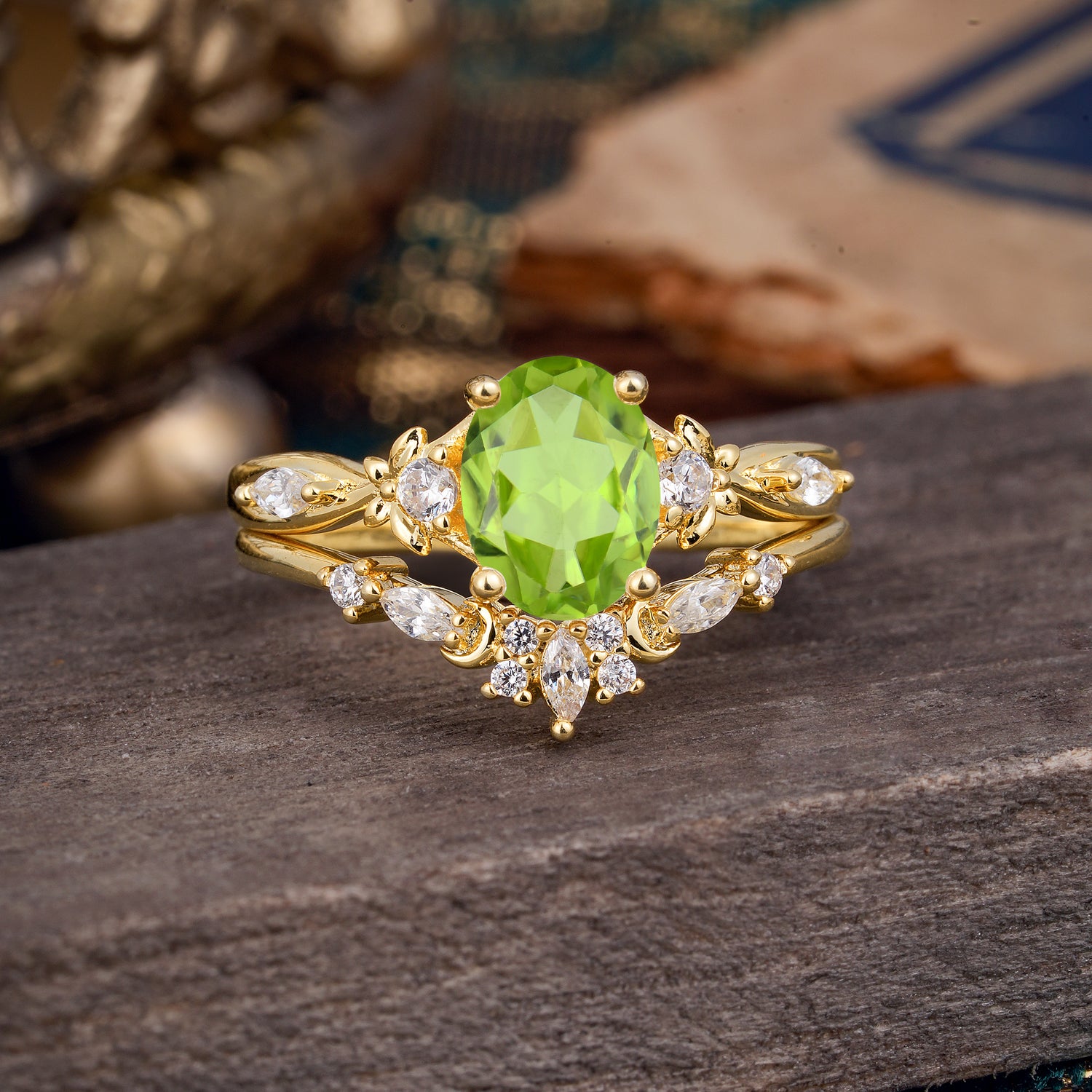 Elegant Oval Cut Peridot Bridal Ring Set – 2PC