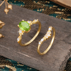 Elegant Oval Cut Peridot Engagement Ring Set – 2PC
