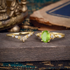 Elegant Oval Cut Peridot Engagement Ring Set – 2PC