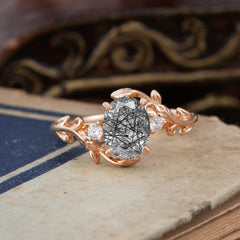 Contemporary Nature-Inspired 4-Prong Oval-Cut Natural  Black Rutilated Quartz Engagement Ring