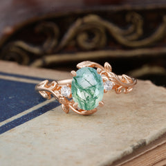 Contemporary Nature-Inspired 4-Prong Oval-Cut Natural Moss Agate Engagement Ring