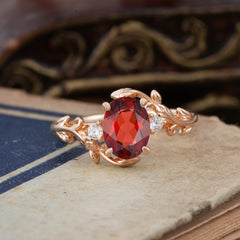 Contemporary Nature-Inspired 4-Prong Oval-Cut Natural Garnet Engagement Ring