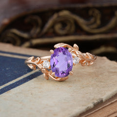 Contemporary Nature-Inspired 4-Prong Oval-Cut Natural Amethyst Engagement Ring