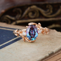 Contemporary Nature-Inspired 4-Prong Oval-Cut Natural Alexandrite Engagement Ring
