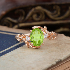 Contemporary Nature-Inspired 4-Prong Oval-Cut Natural Peridot Engagement Ring