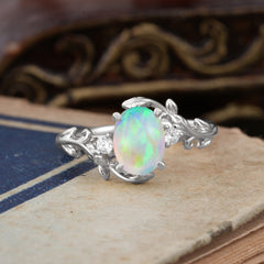 Contemporary Nature-Inspired 4-Prong Oval-Cut Natural Opal Engagement Ring