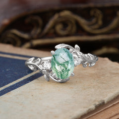 Contemporary Nature-Inspired 4-Prong Oval-Cut Natural Moss Agate Engagement Ring