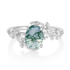 Contemporary Nature-Inspired 4-Prong Oval-Cut Natural Moss Agate Engagement Ring