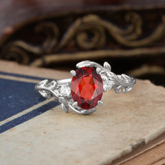 Contemporary Nature-Inspired 4-Prong Oval-Cut Natural Garnet Engagement Ring