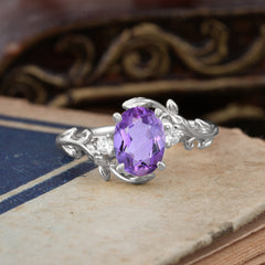 Contemporary Nature-Inspired 4-Prong Oval-Cut Natural Amethyst Engagement Ring