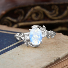 Contemporary Nature-Inspired 4-Prong Oval-Cut Natural Moonstone Engagement Ring