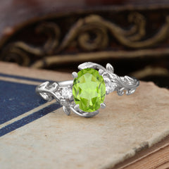 Contemporary Nature-Inspired 4-Prong Oval-Cut Natural Peridot Engagement Ring